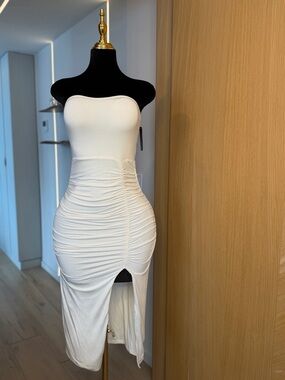 Klassy Network White Ruched Strapless Midi Dress | Minimal Muse